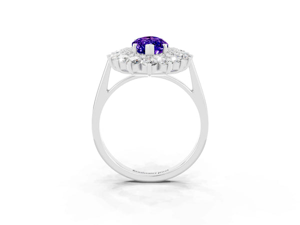 Silver Marquise Cut Tanzanite Floral Double Halo Engagement Ring with Prong Setting