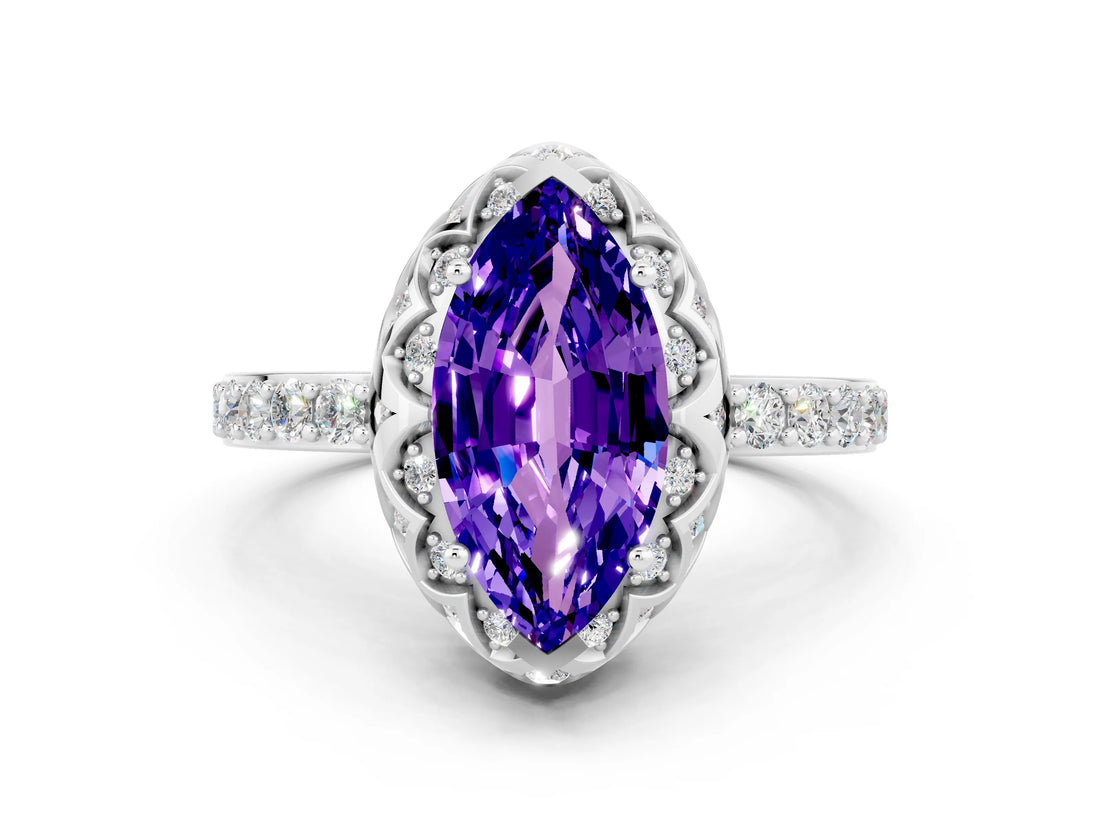 Silver Marquise Cut Tanzanite Scalloped Halo Engagement Ring with Round Shared Prong Band_42