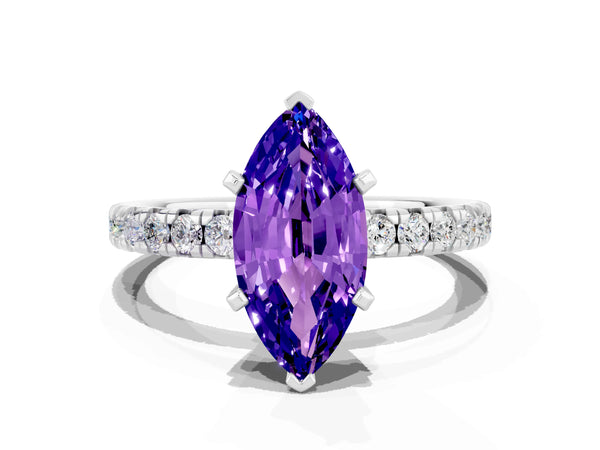 Silver Marquise Cut Tanzanite Solitaire Pavé Engagement Ring with Round Band and Prong Setting