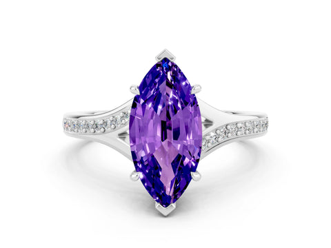 Silver Marquise Cut Tanzanite Solitaire Ring with Pavé Band and Prong Setting_12