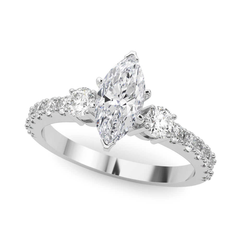 Silver Marquise Cut Three-Stone Diamond Pavé Band with Prong Setting 2