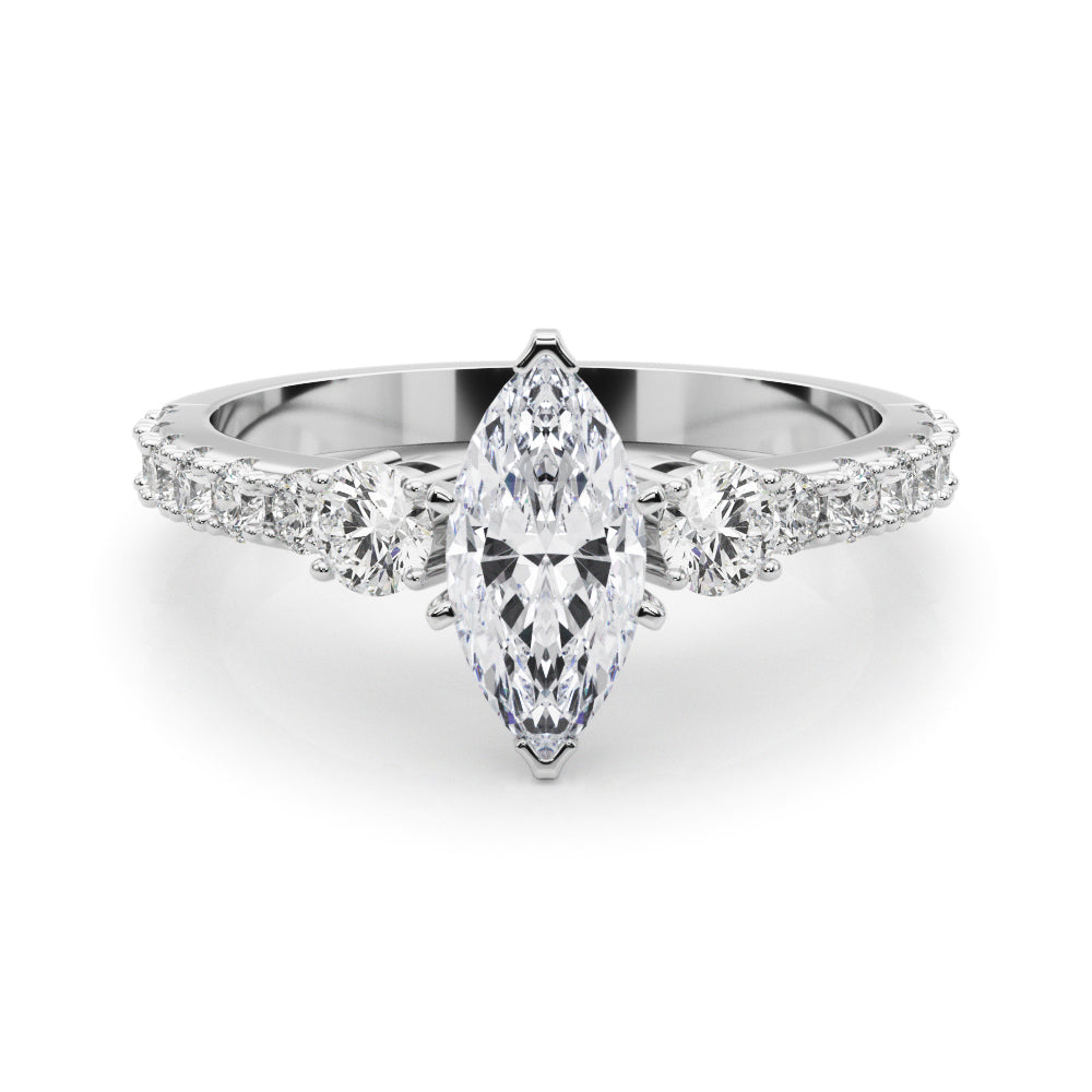 Silver Marquise Cut Three-Stone Diamond Pavé Band with Prong Setting