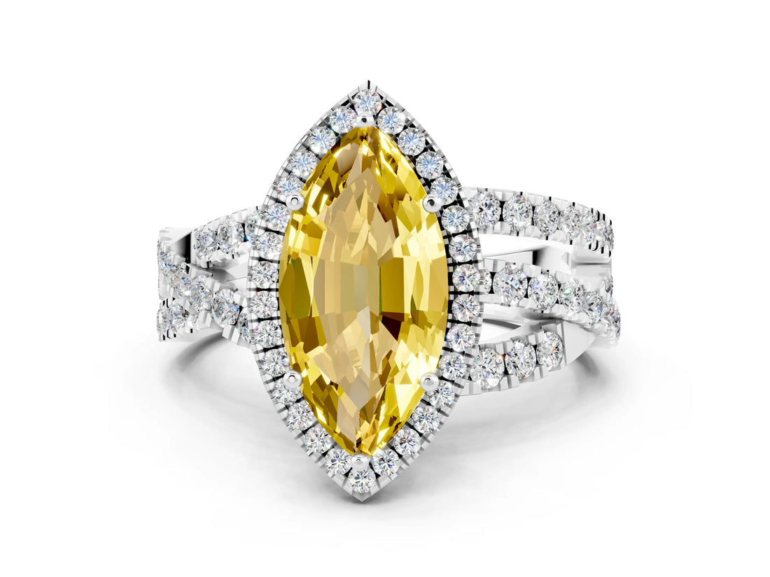 Silver Marquise Cut Yellow Sapphire Halo Ring with Round Split Shank and Prong Setting_66