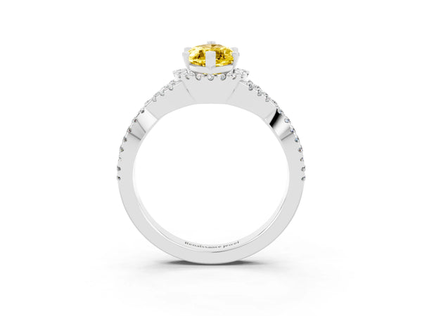 Silver Marquise Cut Yellow Sapphire  Halo Twist Band Solitaire Prong Setting Ring