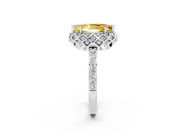 Silver Marquise Cut Yellow Sapphire Scalloped Halo Engagement Ring with Round Shared Prong Band