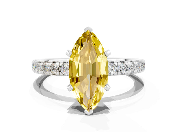 Silver Marquise Cut Yellow Sapphire Solitaire Pavé Engagement Ring with Round Band and Prong Setting