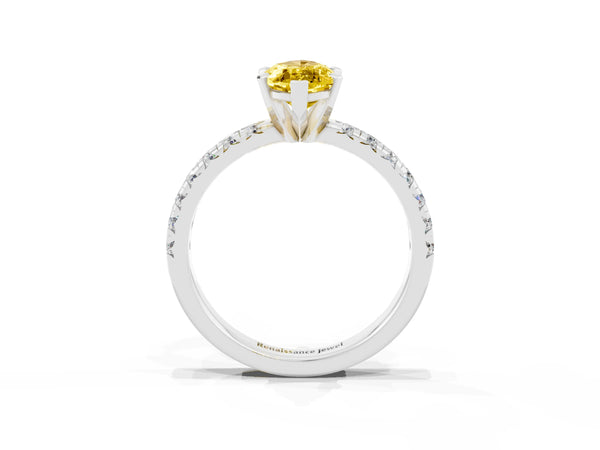 Silver Marquise Cut Yellow Sapphire Solitaire Pavé Engagement Ring with Round Band and Prong Setting