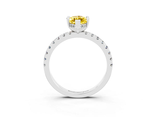 Silver Marquise Cut Yellow Sapphire Solitaire Ring with Round Pavé Band and Four-Prong Setting