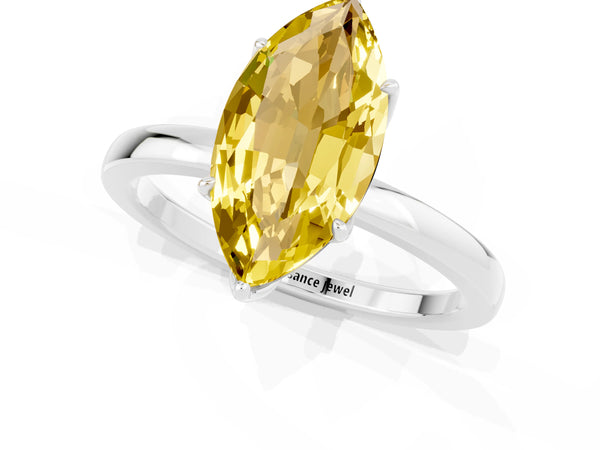 Silver Marquise Cut Yellow Sapphire Solitaire Ring with Thin Band and Prong Setting