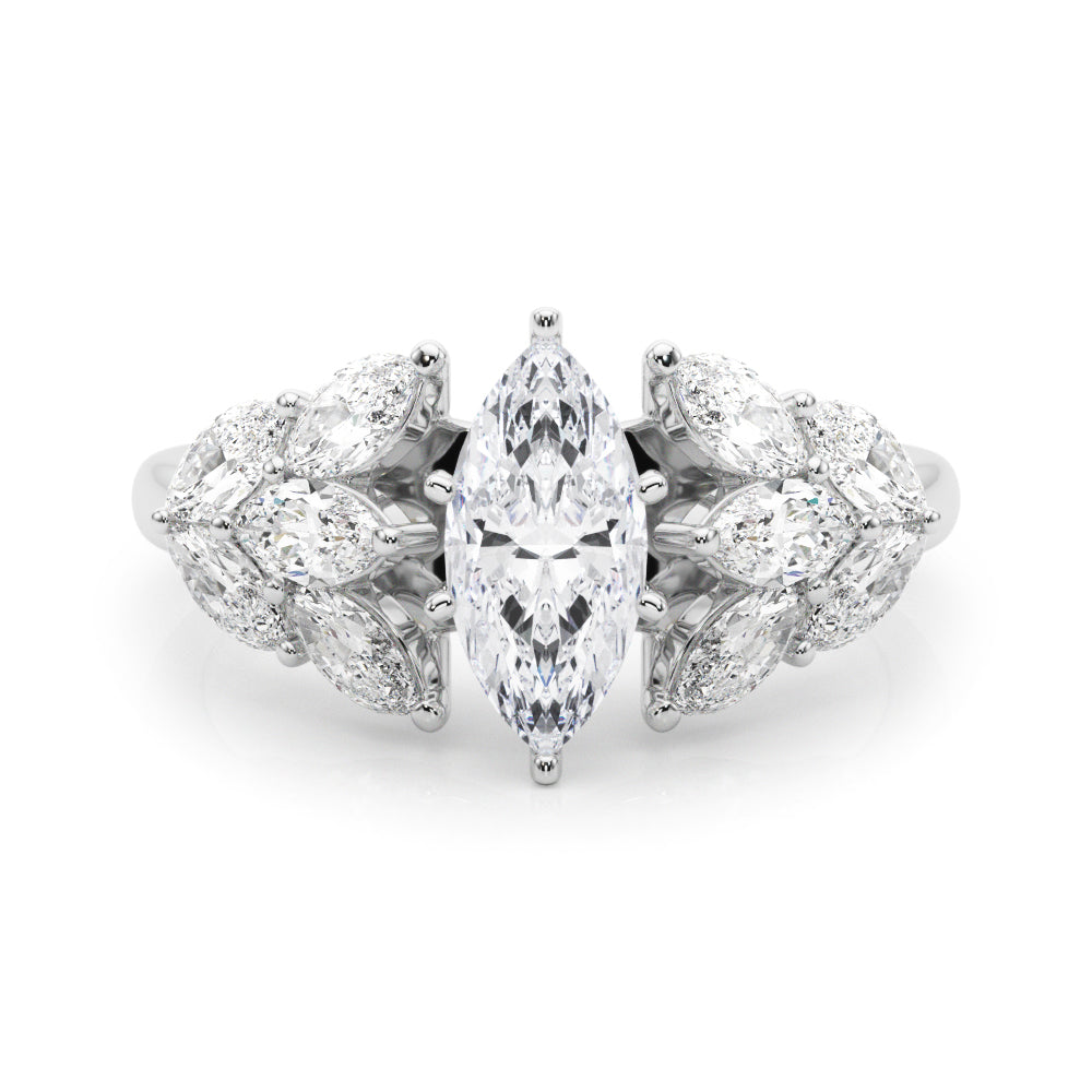 Silver Marquise Diamond Cluster Leaf Design Ring with Prong Setting