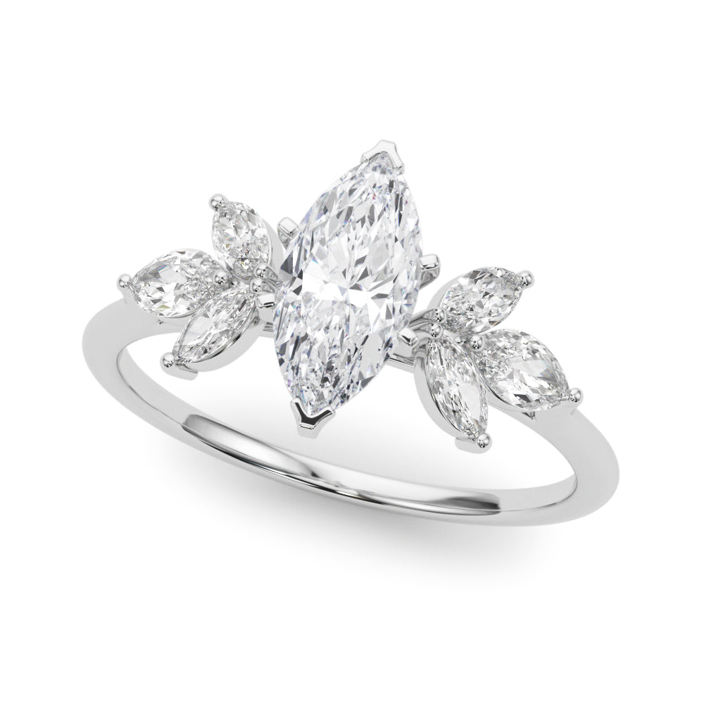 Silver Marquise Diamond Floral Cluster Ring with Marquise Side Stones and Six-Prong Solitaire Setting 2