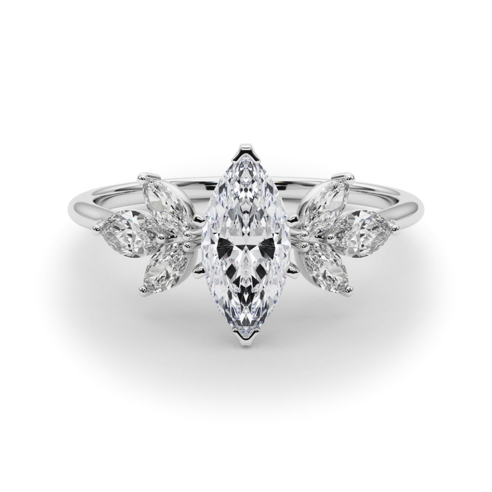 Silver Marquise Diamond Floral Cluster Ring with Marquise Side Stones and Six-Prong Solitaire Setting