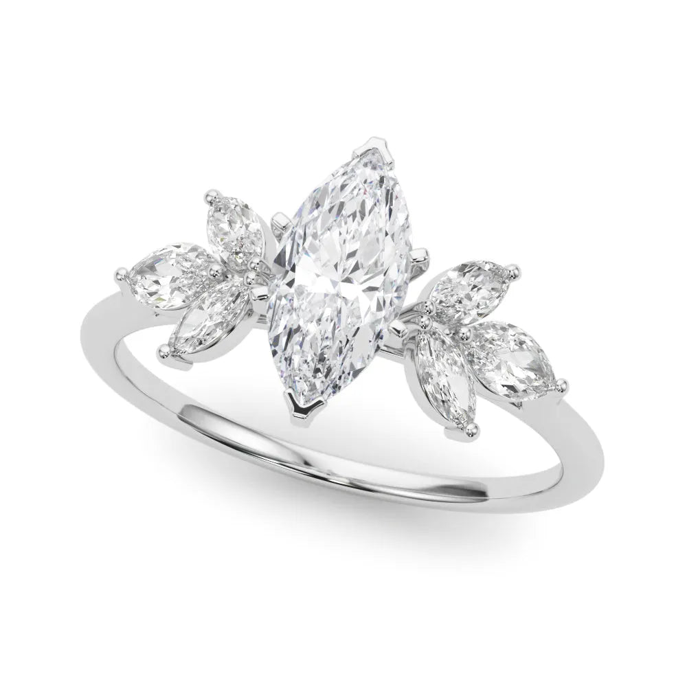 Silver Marquise Diamond Floral Cluster Ring with Marquise Side Stones and Six-Prong Solitaire Setting