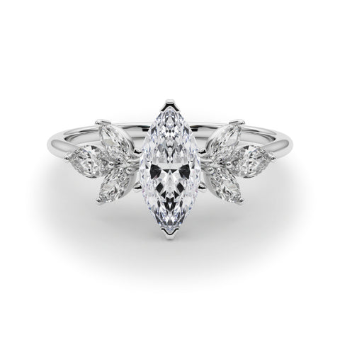 Silver Marquise Diamond Floral Cluster Ring with Marquise Side Stones and Six-Prong Solitaire Setting