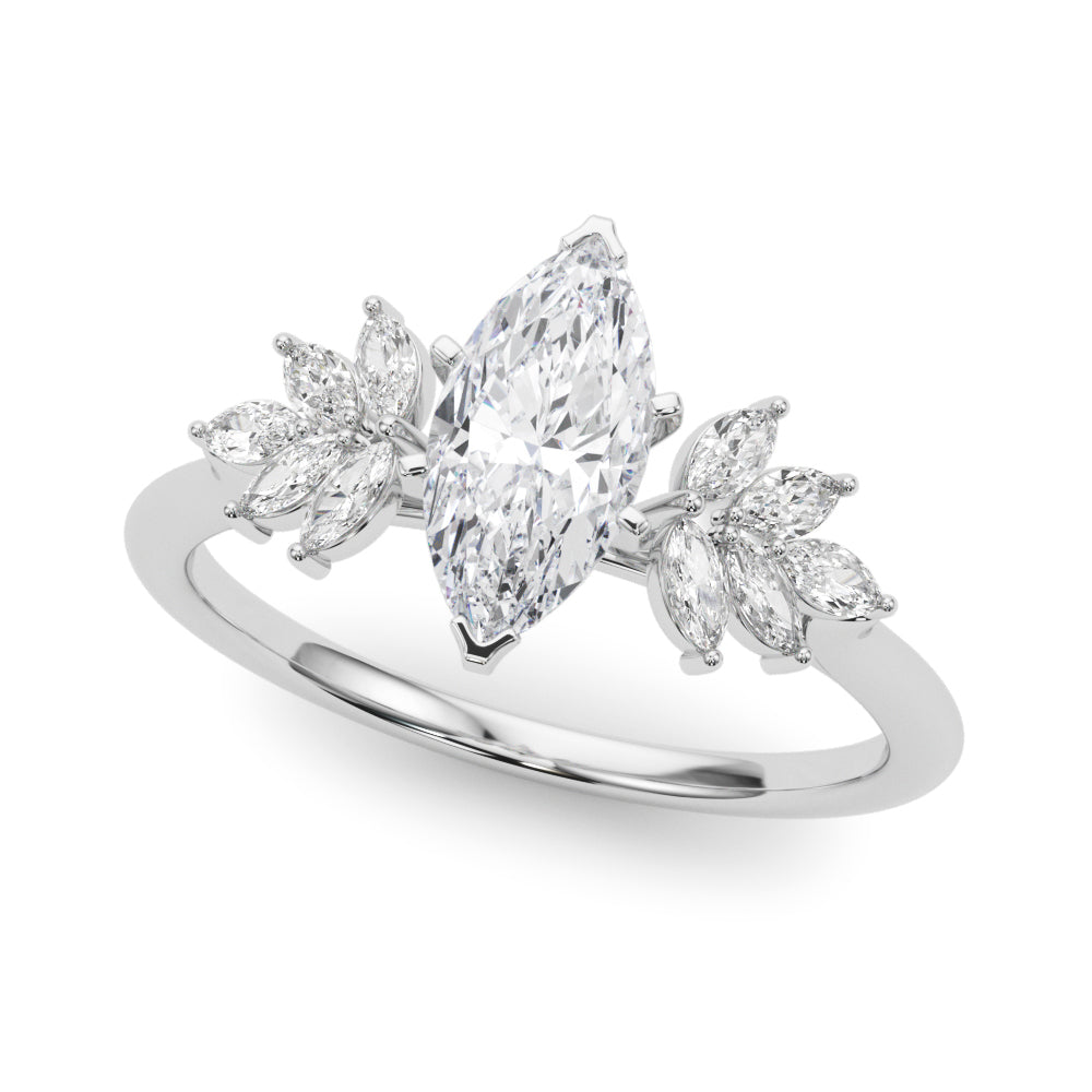 Silver Marquise Diamond Floral Side Stone Solitaire with Marquise Accents and Four-Prong Setting 2
