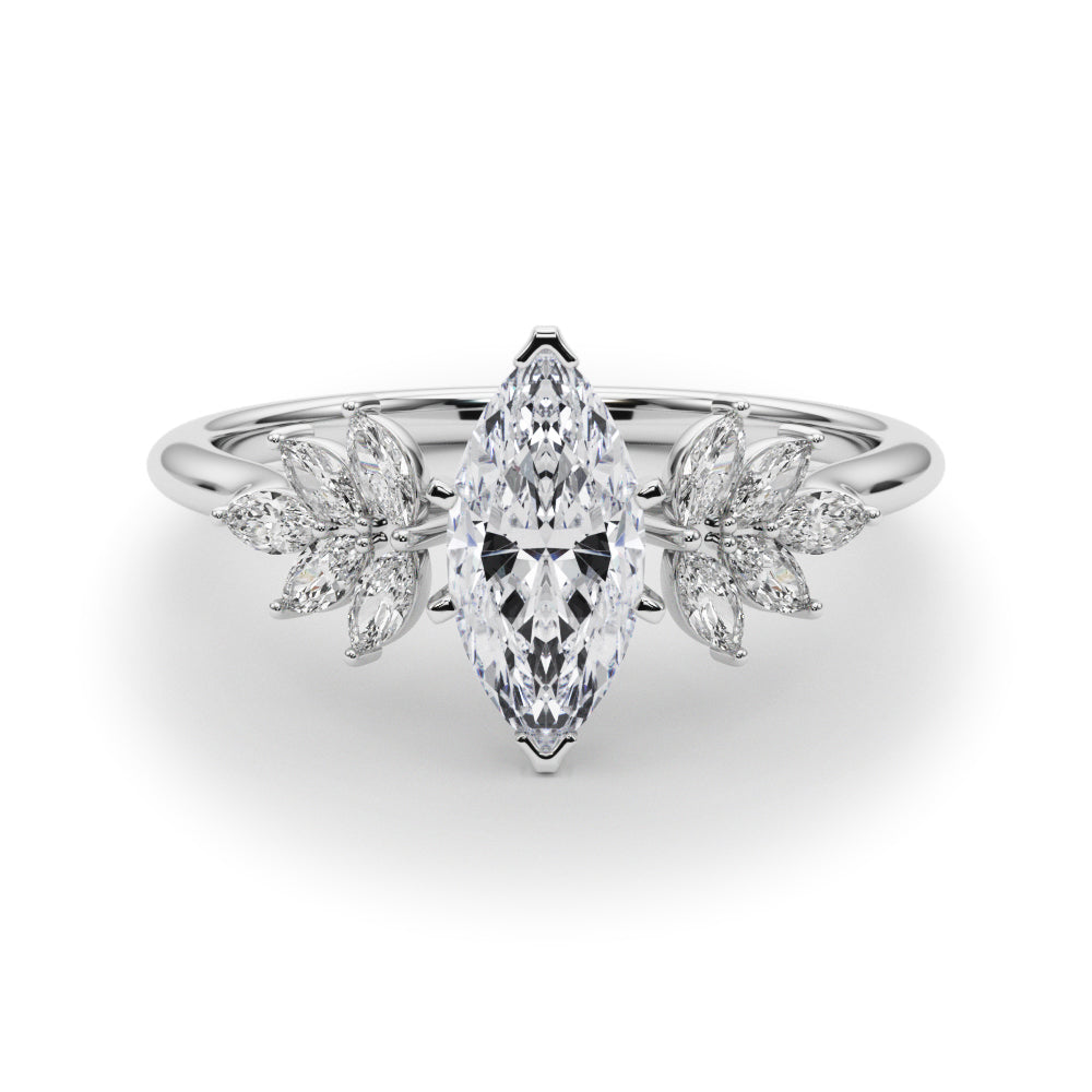 Silver Marquise Diamond Floral Side Stone Solitaire with Marquise Accents and Four-Prong Setting
