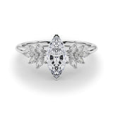 Silver Marquise Diamond Floral Side Stone Solitaire with Marquise Accents and Four-Prong Setting