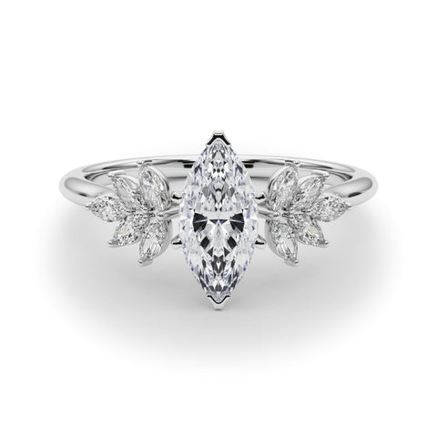Silver Marquise Diamond Floral Side Stone Solitaire with Marquise Accents and Four-Prong Setting