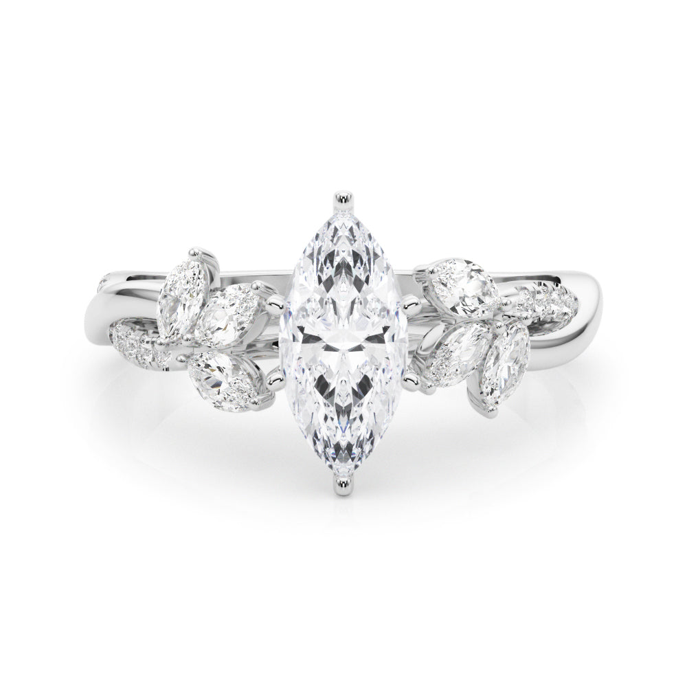 Silver Marquise Diamond Floral Vine Solitaire Engagement Ring