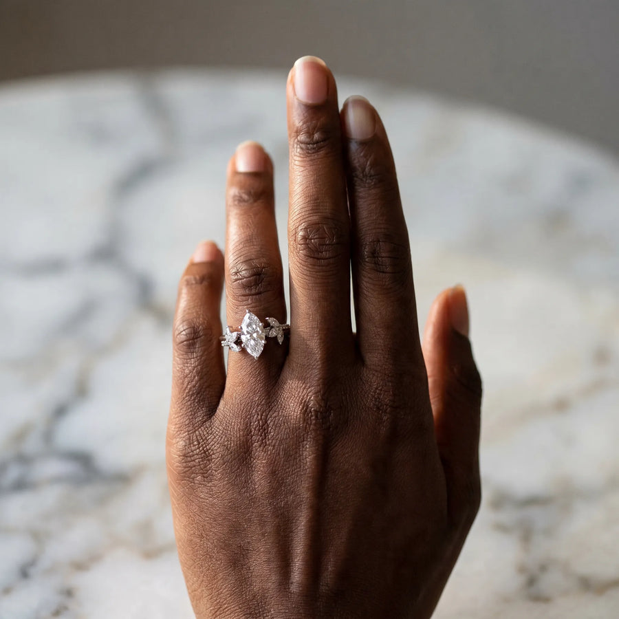 White gold Marquise Diamond Floral Vine Solitaire Engagement Ring