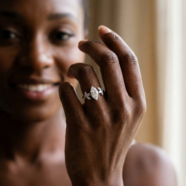 Sterling Silver Marquise Floral Vine Engagement Ring Setting with Marquise Accents and Pave Band