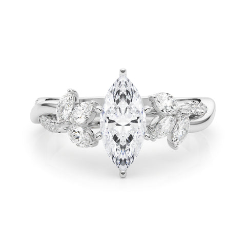 Silver Marquise Diamond Floral Vine Solitaire Engagement Ring