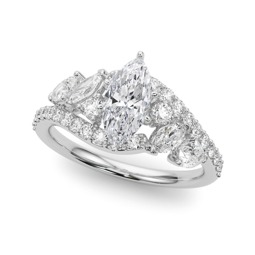 Silver Marquise Diamond Halo Ring with Marquise and Pavé Band in Prong Setting 2