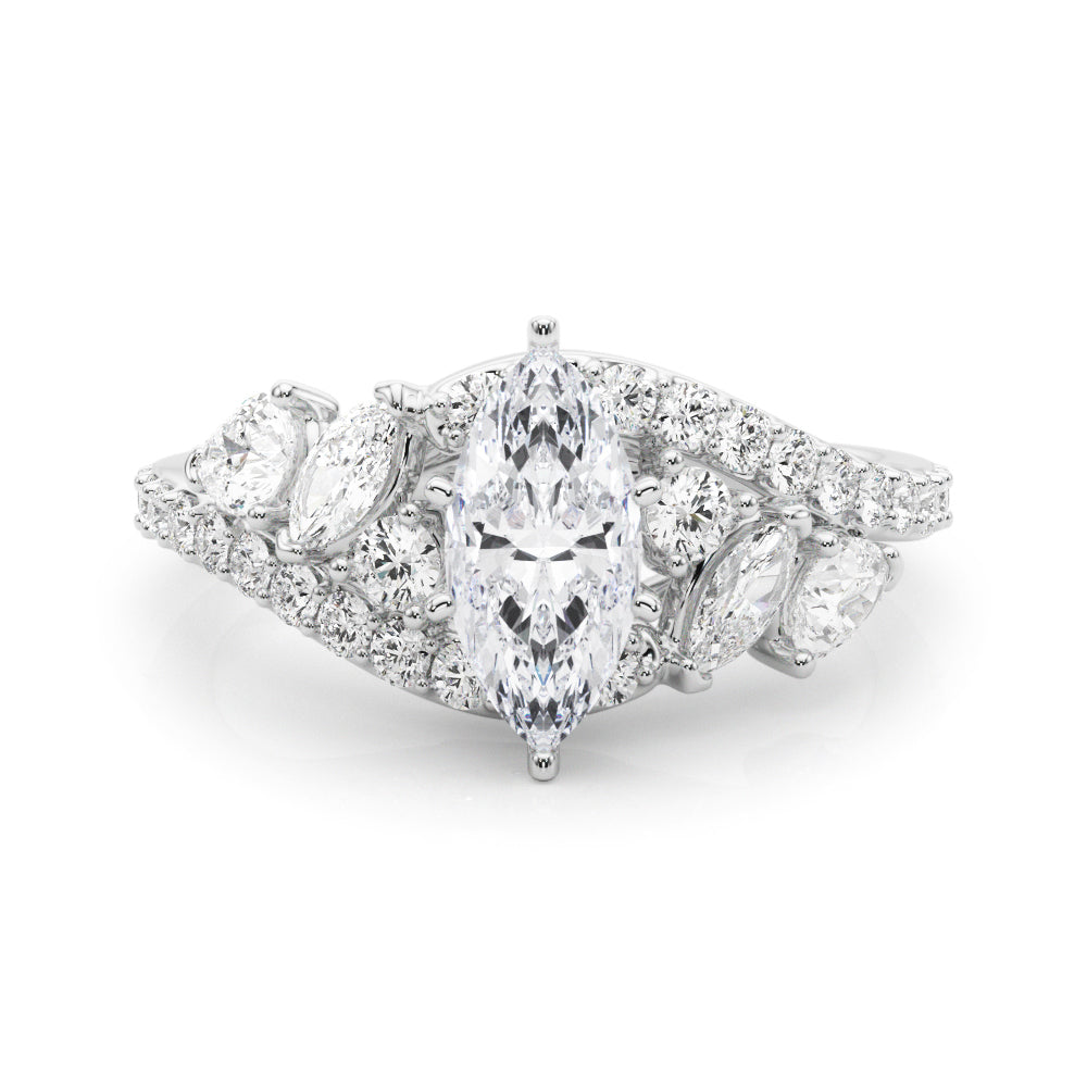 Silver Marquise Diamond Halo Ring with Marquise and Pavé Band in Prong Setting