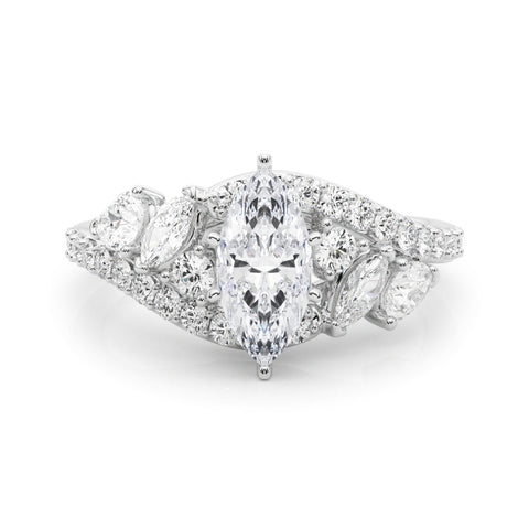 Silver Marquise Diamond Halo Ring with Marquise and Pavé Band in Prong Setting