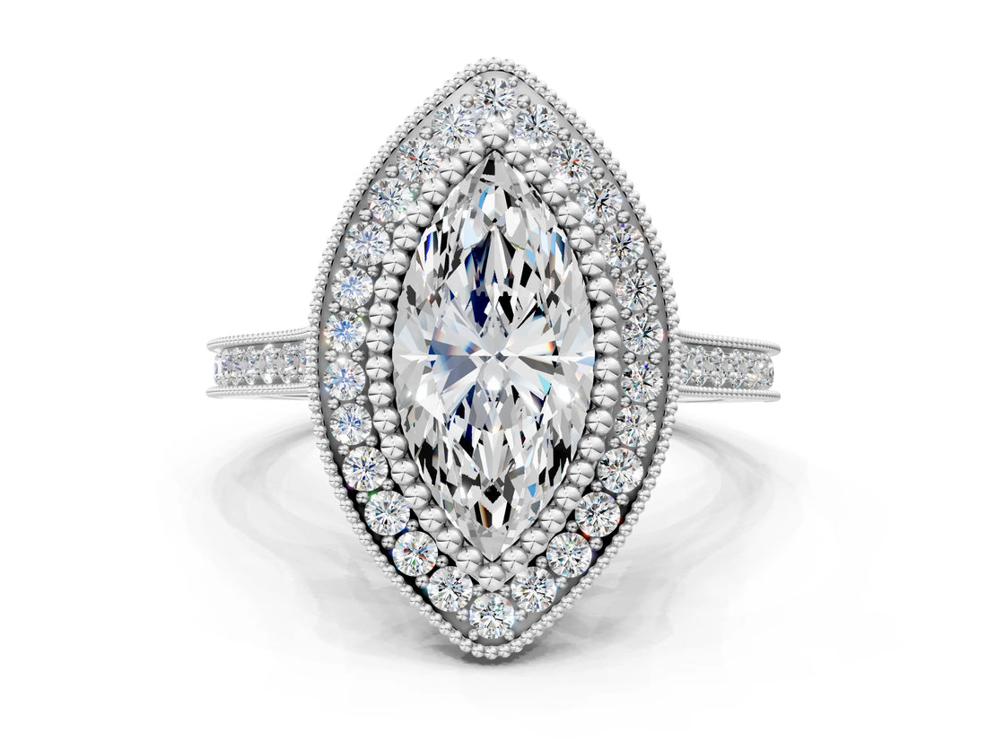 Silver Marquise Diamond Halo Ring with Milgrain Frame and Pavé Band