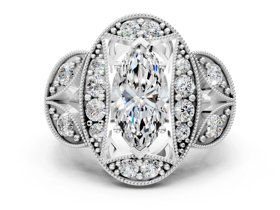 Silver Marquise Diamond Milgrain Marquise Filigree Engagement Ring with Prong Setting_6