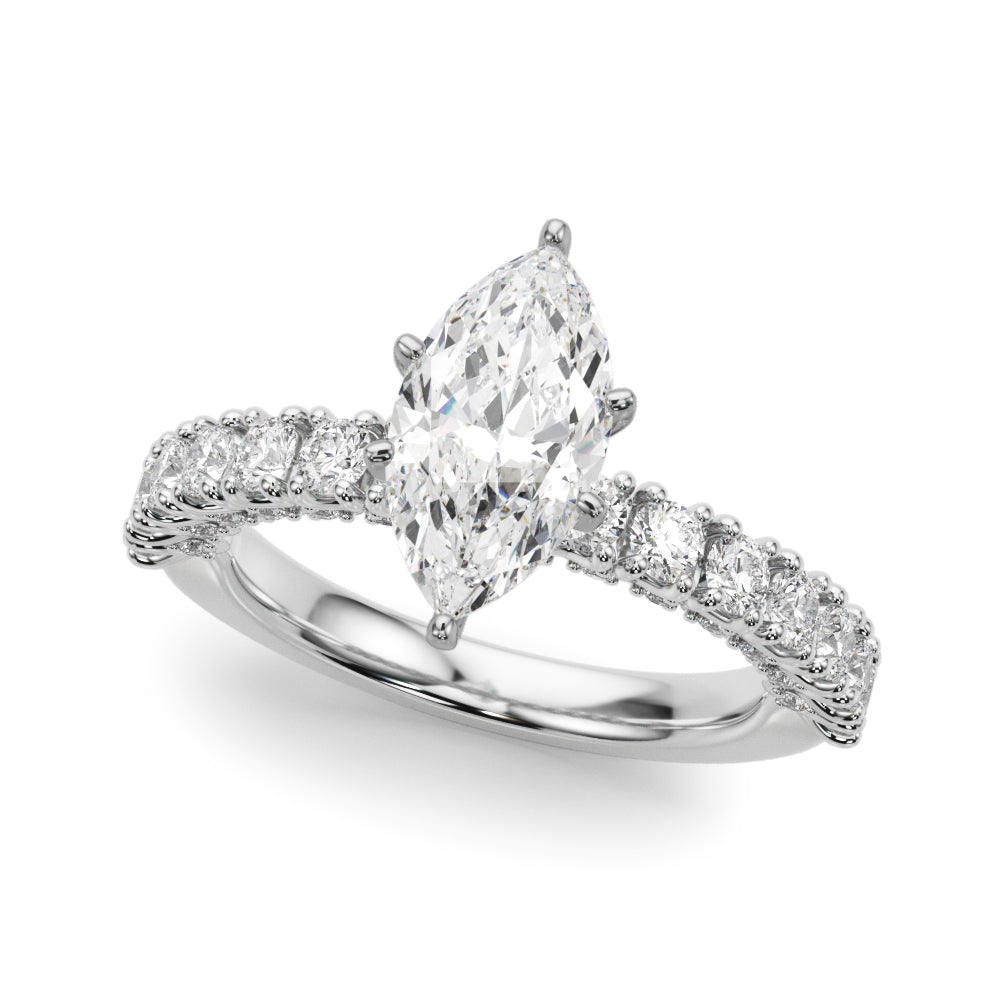 Silver Marquise Diamond Pavé Band Solitaire Ring with Four-Prong Setting 2