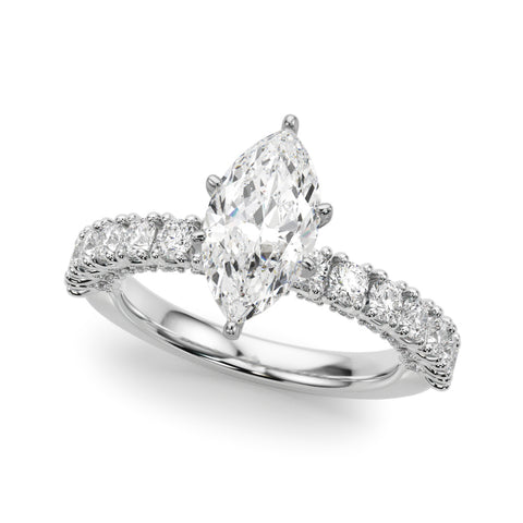 Silver Marquise Diamond Pavé Band Solitaire Ring with Four-Prong Setting 2