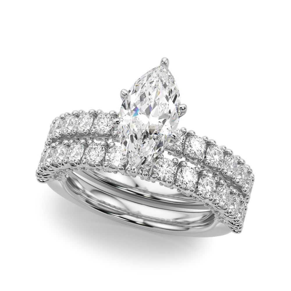 Silver Marquise Diamond Pavé Band Solitaire Ring with Four-Prong Setting