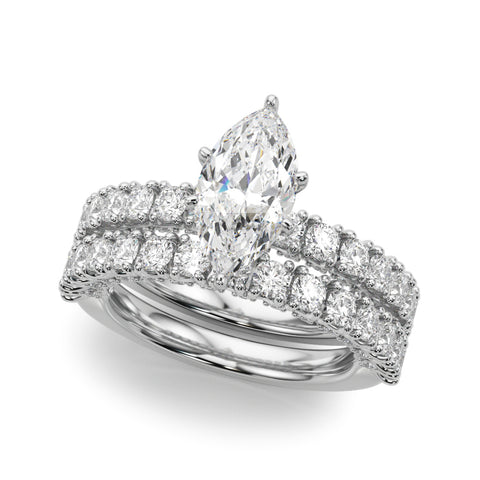 Silver Marquise Diamond Pavé Band Solitaire Ring with Four-Prong Setting