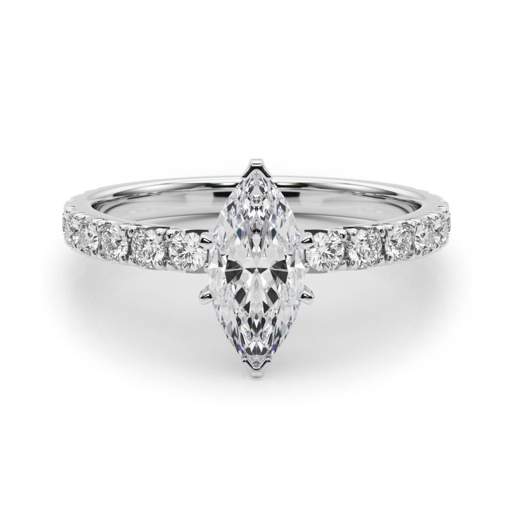 Silver Marquise Diamond Pavé Band Solitaire with Four-Prong Setting