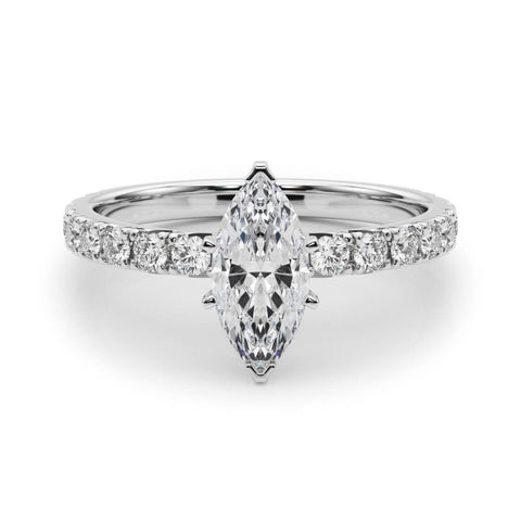 Silver Marquise Diamond Pavé Band Solitaire with Four-Prong Setting