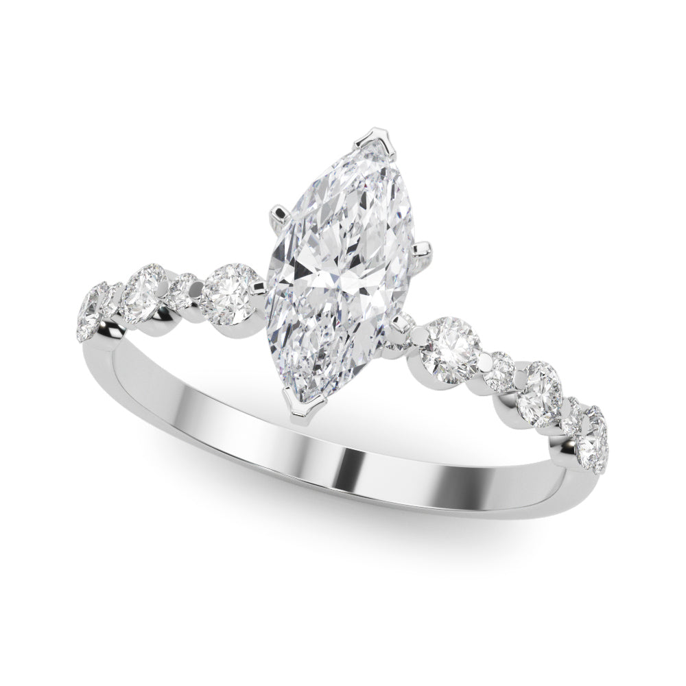 Silver Marquise Diamond Prong Set Engagement Ring with Pave Band 2