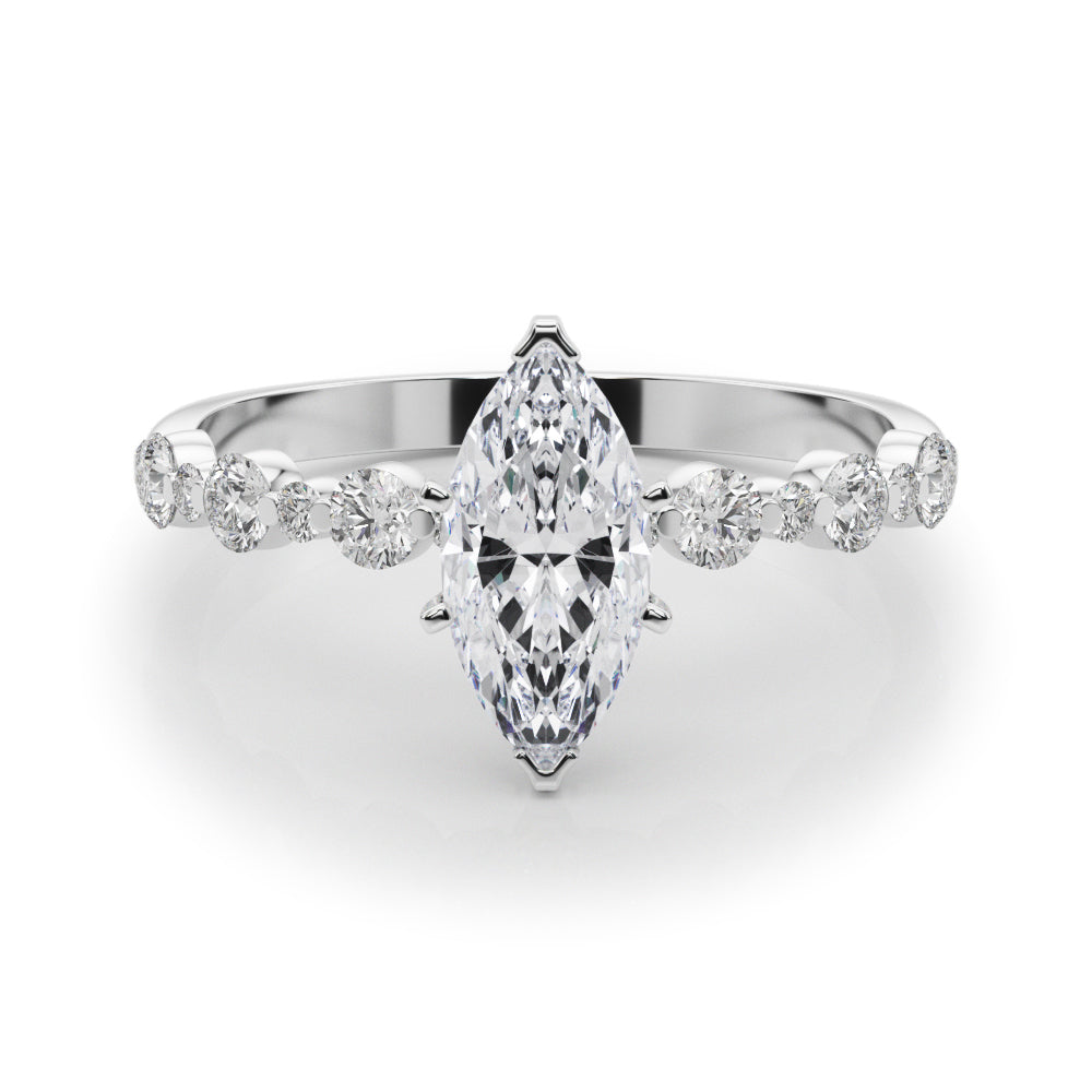 Silver Marquise Diamond Prong Set Engagement Ring with Pave Band