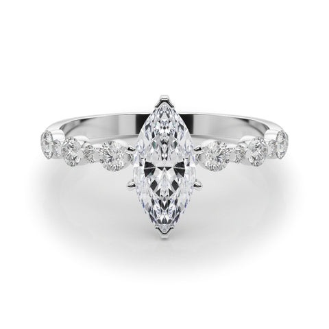Silver Marquise Diamond Prong Set Engagement Ring with Pave Band