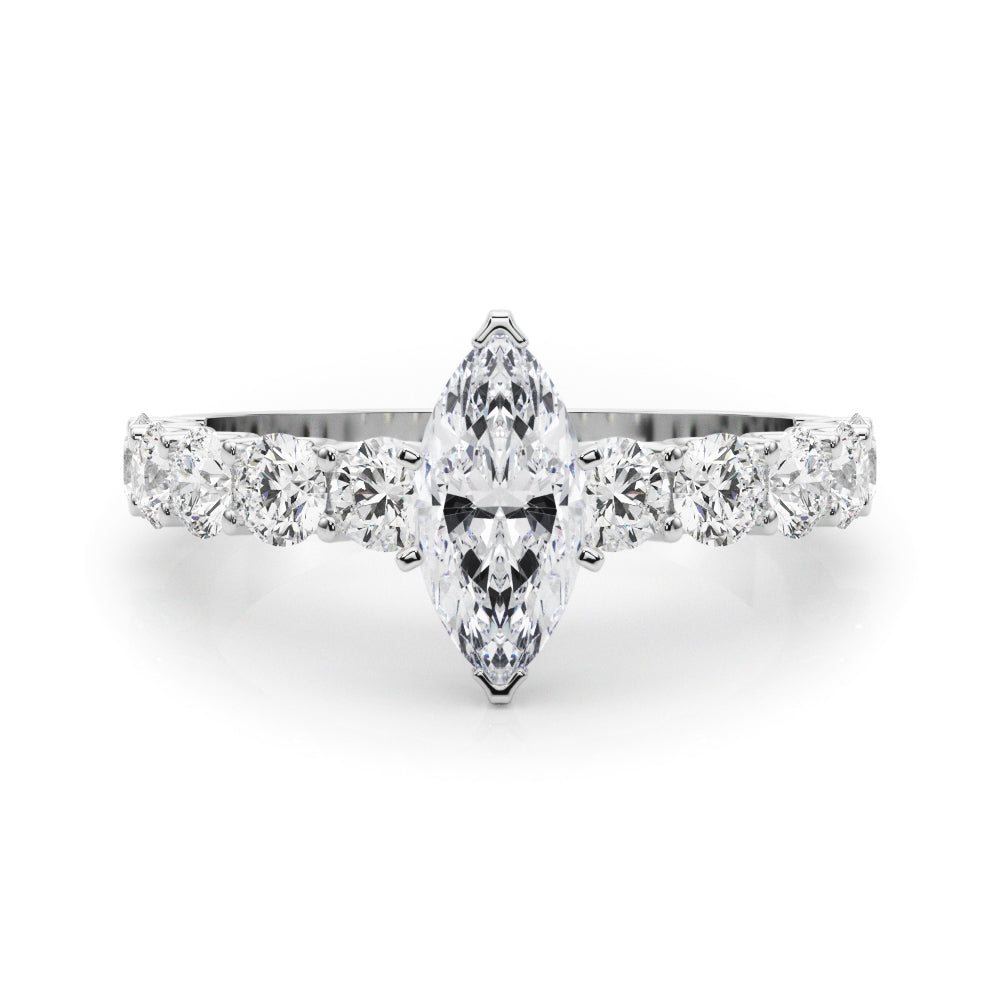Silver Marquise Diamond Prong Setting with Side Stones on a Pave Band