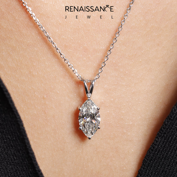 Silver Marquise Diamond Solitaire Pendant with Prong Setting