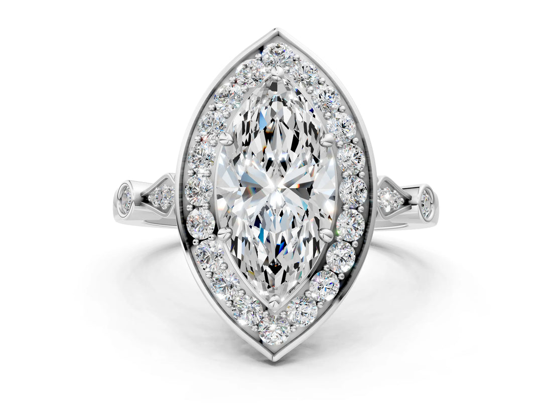 Silver Marquise Halo Diamond Engagement Ring with Twisted Band and Four-Prong Setting