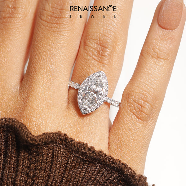 White gold Marquise Halo Diamond Pave Band with Prong Setting
