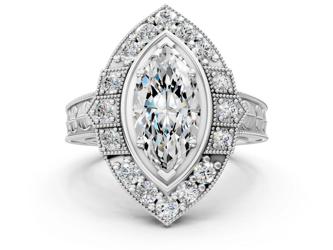 Silver Marquise Halo Diamond Ring with Milgrain Bezel and Prong Setting_6