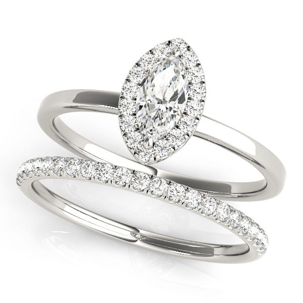 Silver Marquise Halo Diamond Solitaire with Pavé Band and Four-Prong Setting 2