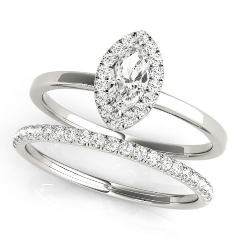 Silver Marquise Halo Diamond Solitaire with Pavé Band and Four-Prong Setting 2