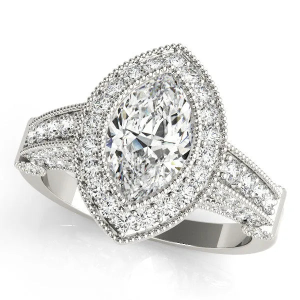 Silver Marquise Halo Diamond Split Shank Pave Ring