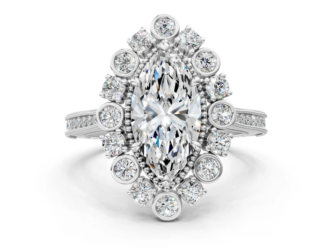 Silver Marquise Halo Milgrain Pave Diamond Ring with Four-Prong Setting