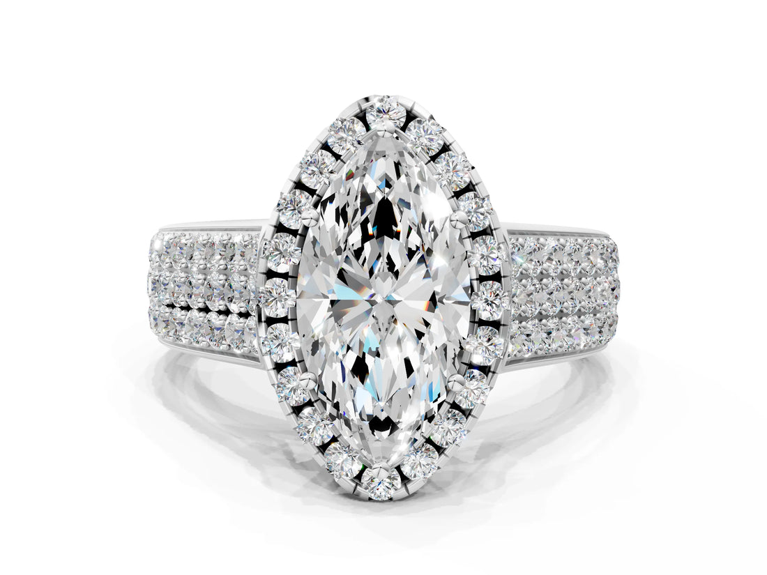 Silver Marquise Halo Round Diamond Pave Band with Prong Setting